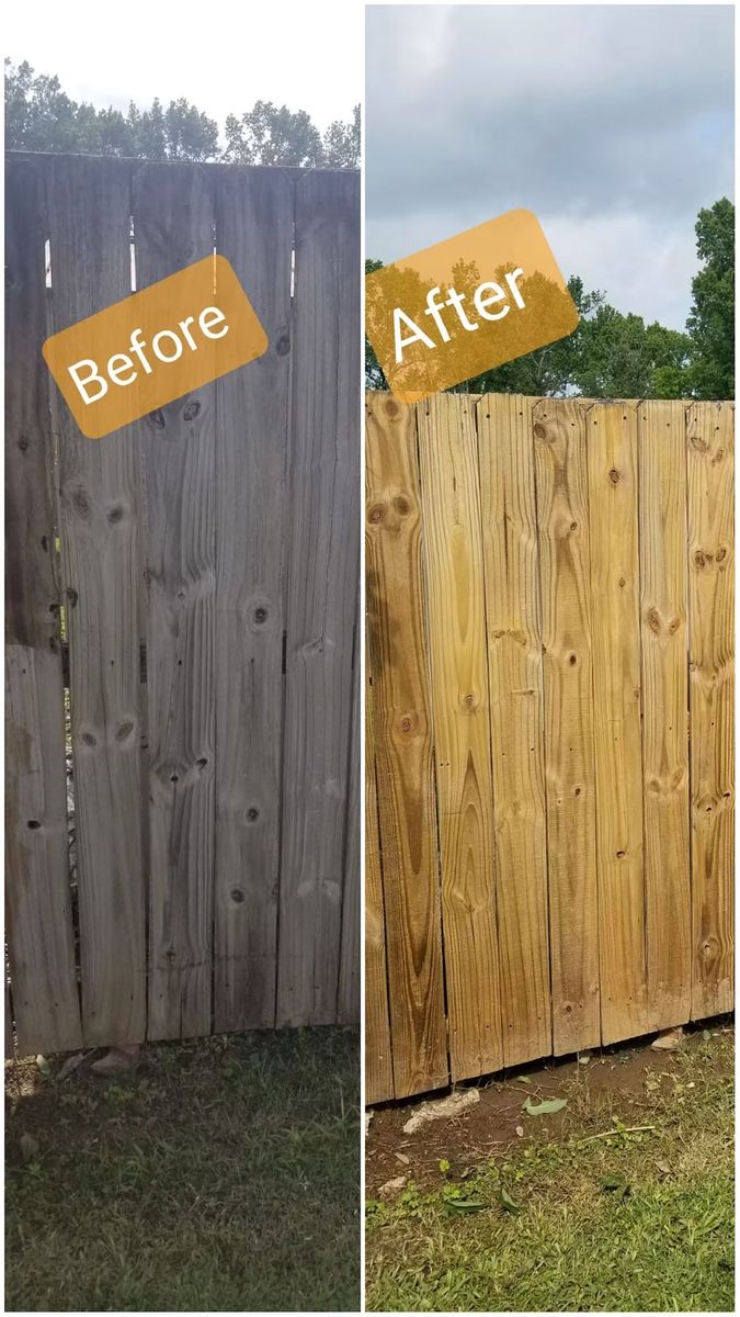 Wooden privacy fence before and after cleaning — weathered gray boards on the left, bright bare wood on the right