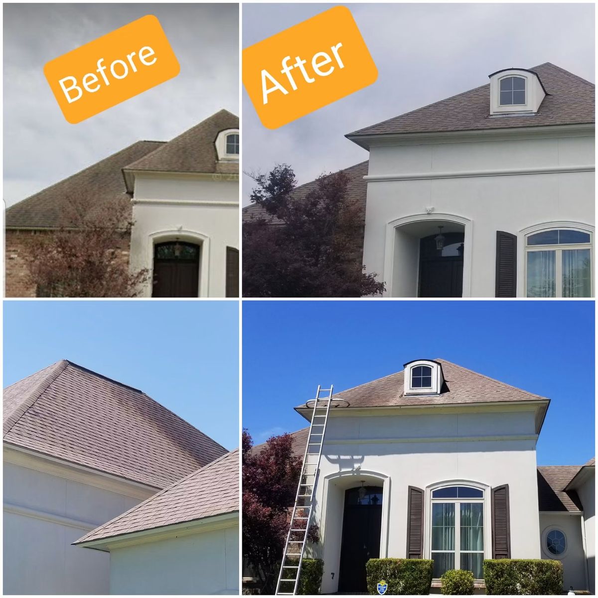 Two-story stucco home before and after a roof soft wash and house wash, algae streaks gone from the shingles and the walls back to clean white