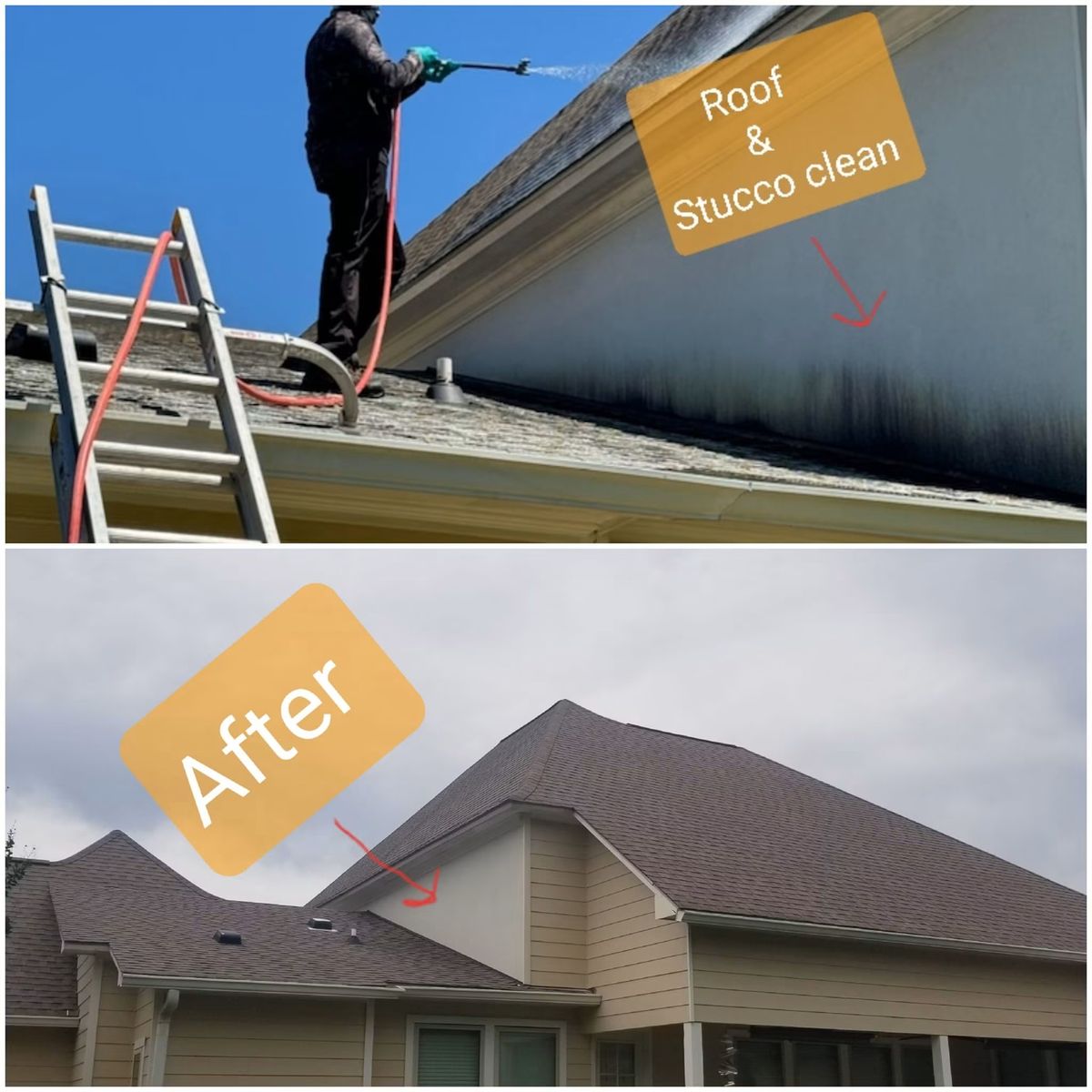 Soft washing black algae streaks off a roofline and siding, and the finished result with clean shingles and walls