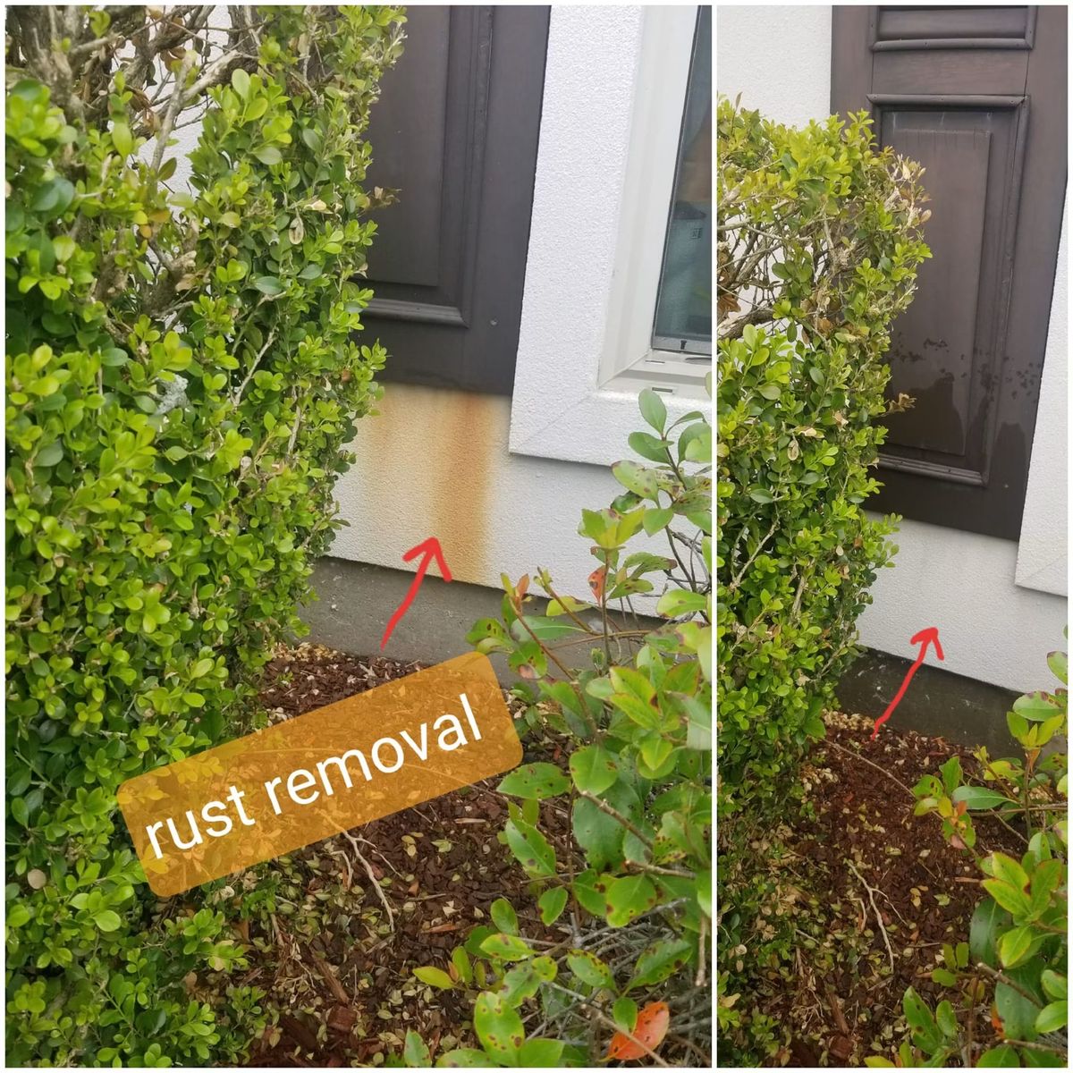 Orange rust stain running down white stucco beside a shuttered window, and the same wall after treatment with the stain gone